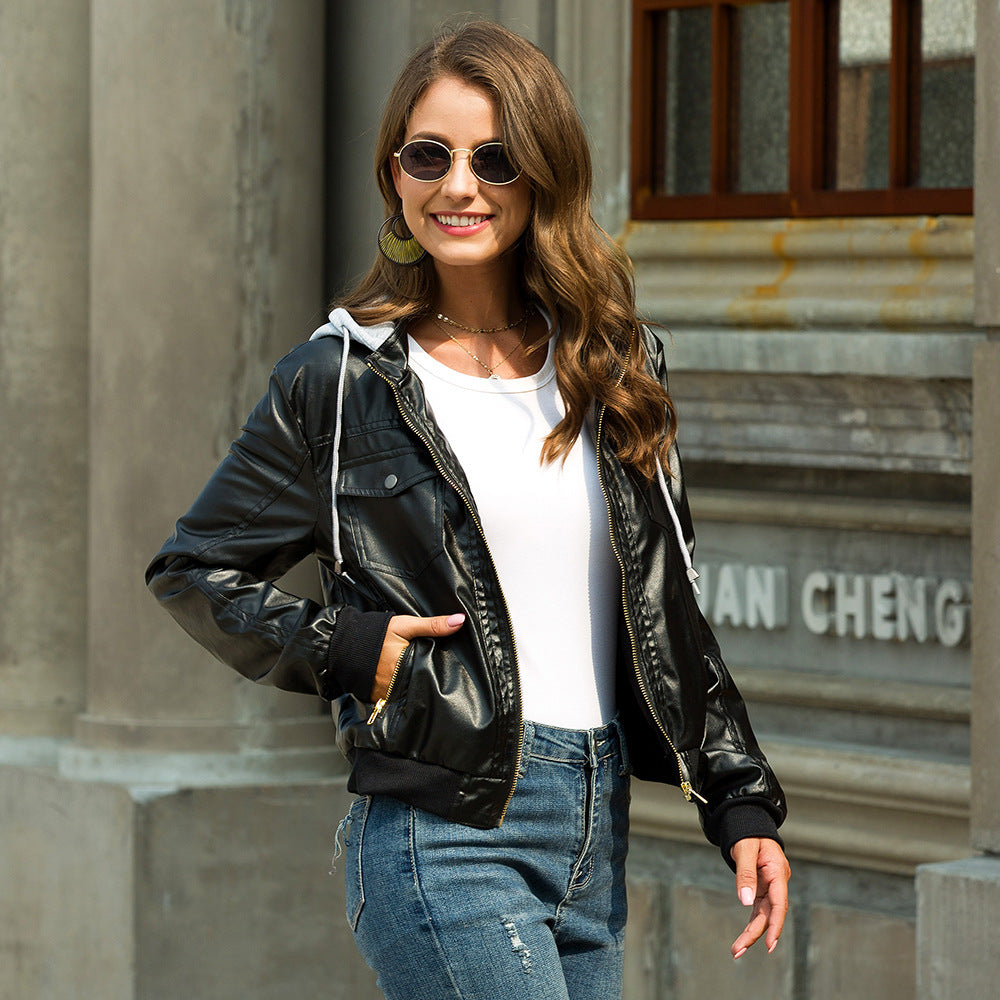 Stylish Faux Leather Jacket - Women's Hooded