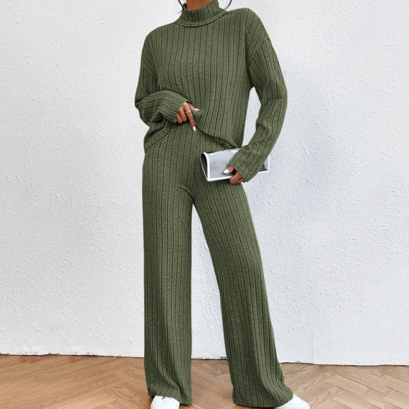 Cozy Ribbed Knit Turtleneck Set with Wide-Leg Pants