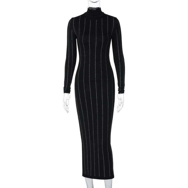 Glamorous Striped Turtleneck Maxi Dress with Beaded Fringe Accent