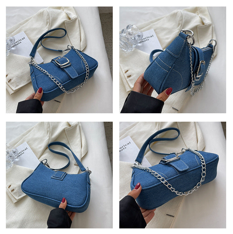 Chic Denim Crossbody Bag with Chain Strap