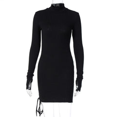 Elegant Ribbed Knit Mock Neck Mini Dress with Dramatic Sleeves