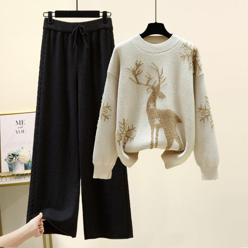 Cozy Winter Deer Print Sweater and Knit Palazzo Pant Set