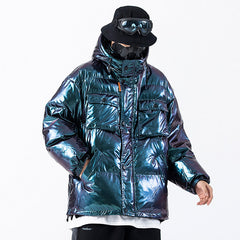 Men's Metallic Puffer Jacket - Iridescent Insulated Winter Coat