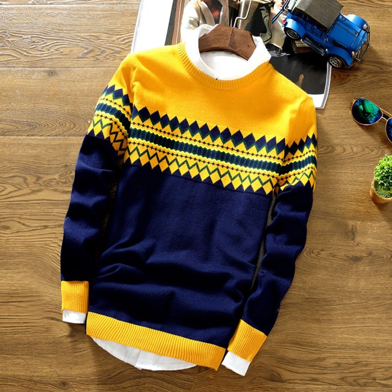 Men's Geometric Pattern Crewneck Sweater - Casual Long Sleeve Pullover