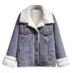 Women's Denim Jacket with Sherpa Collar & Cuffs - Winter Warmth