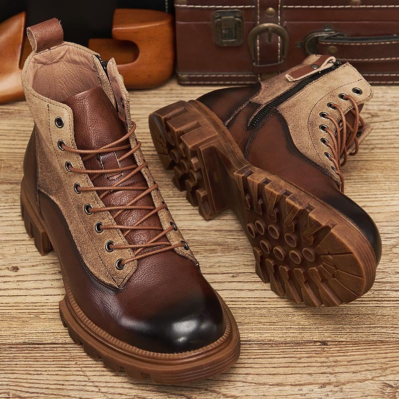 Rugged Leather and Suede Lace-Up Hiking Boots with Lugged Sole