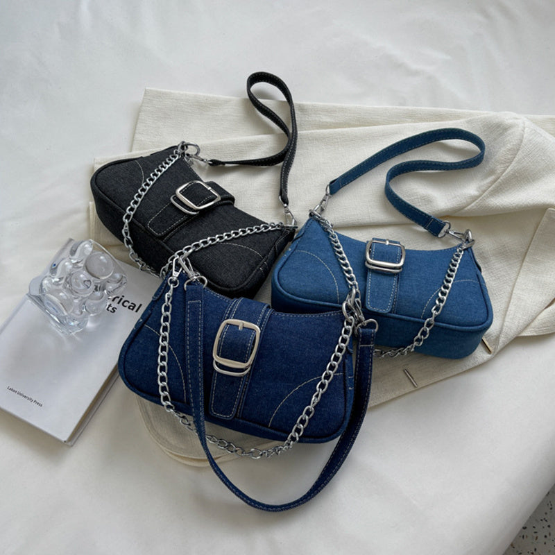 Chic Denim Crossbody Bag with Chain Strap