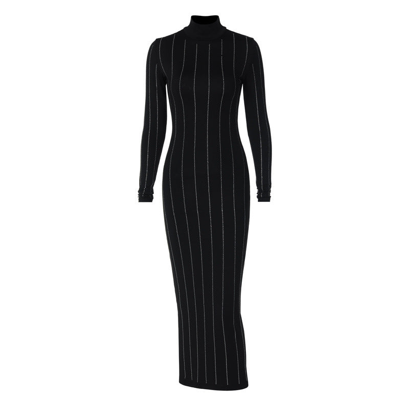 Glamorous Striped Turtleneck Maxi Dress with Beaded Fringe Accent