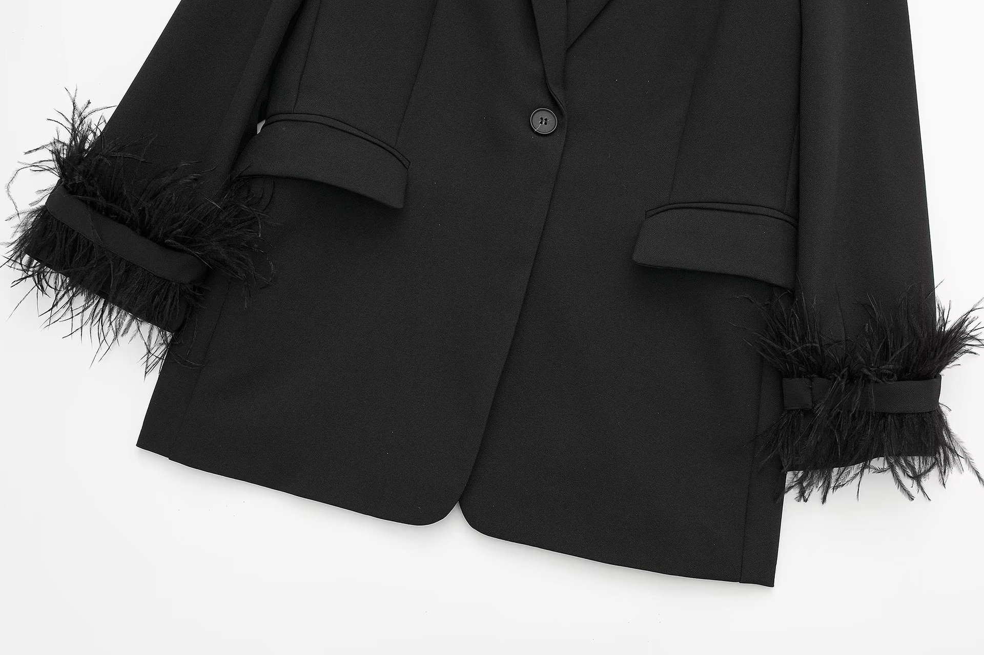 Women's Black Blazer with Feather Detail Cuffs - Elegant & Stylish