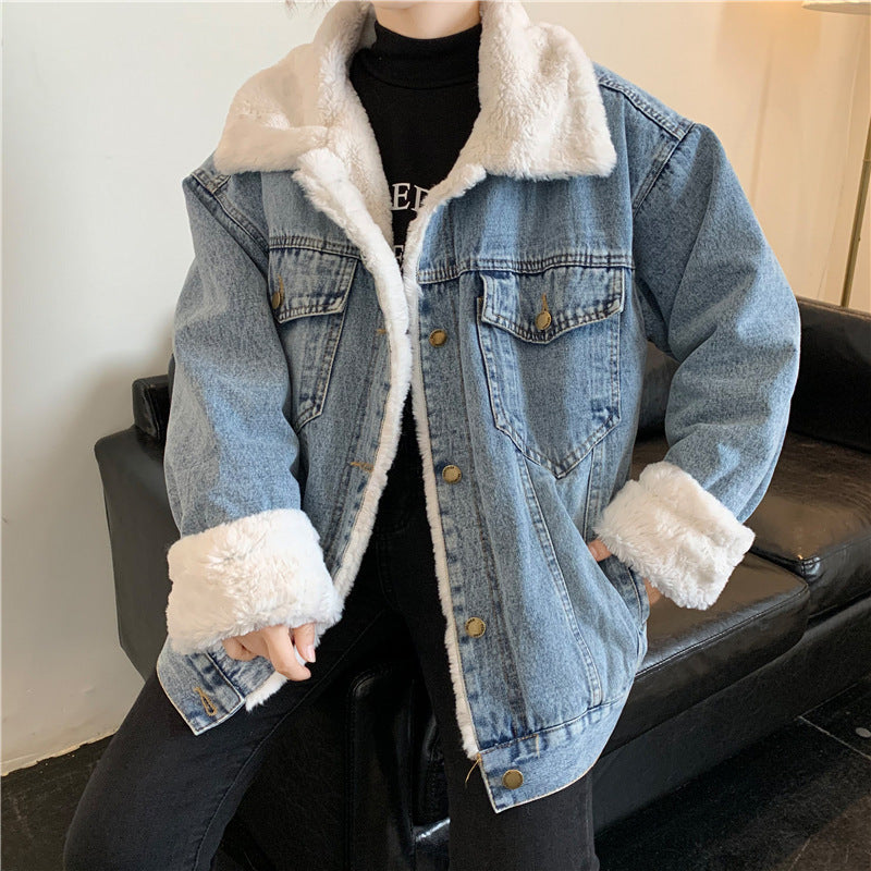 Women's Denim Jacket with Sherpa Collar & Cuffs - Winter Warmth