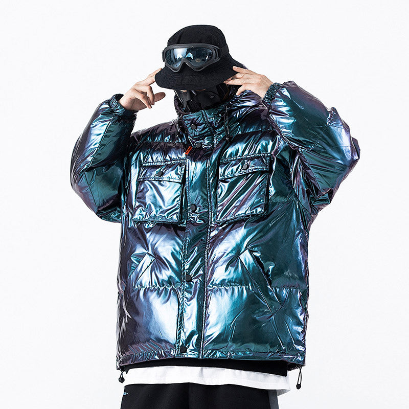 Men's Metallic Puffer Jacket - Iridescent Insulated Winter Coat