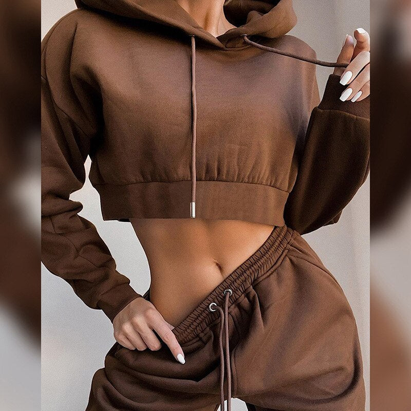 Crop Hoodie and Sweatpants - Women's Casual Tracksuit