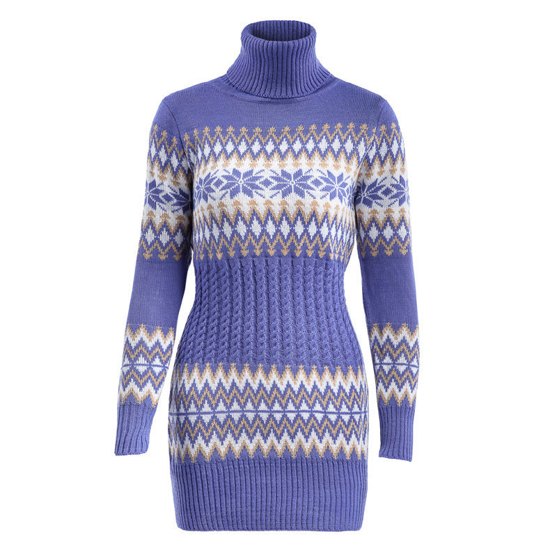 Cozy Patterned Knit Turtleneck Sweater Dress with Festive Snowflake Design