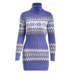 Cozy Patterned Knit Turtleneck Sweater Dress with Festive Snowflake Design