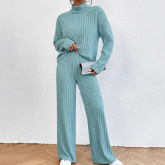 Cozy Ribbed Knit Turtleneck Set with Wide-Leg Pants