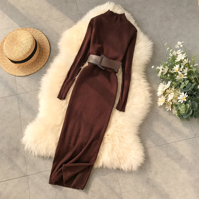 Chic Turtleneck Knit Midi Dress with Waist Belt