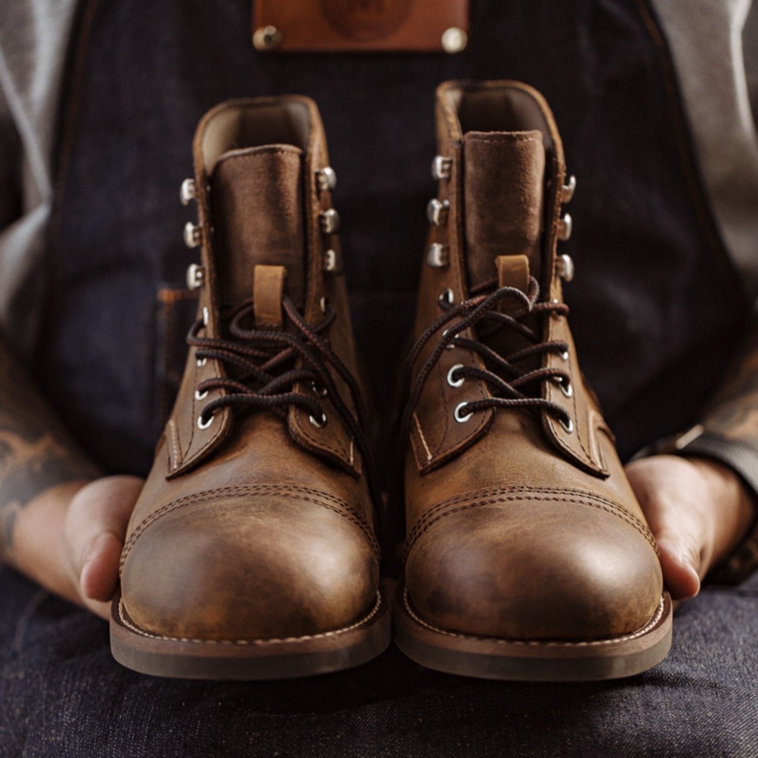 Rugged Leather Lace-Up Boots with Distressed Finish