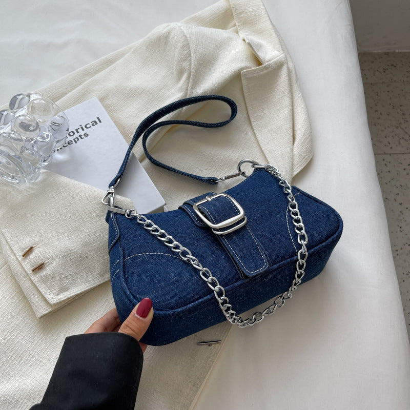 Chic Denim Crossbody Bag with Chain Strap