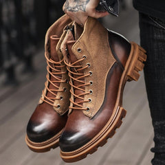 Rugged Leather and Suede Lace-Up Hiking Boots with Lugged Sole