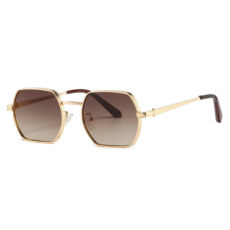 Geometric Sunglasses with Metallic Accents and Gradient Lenses