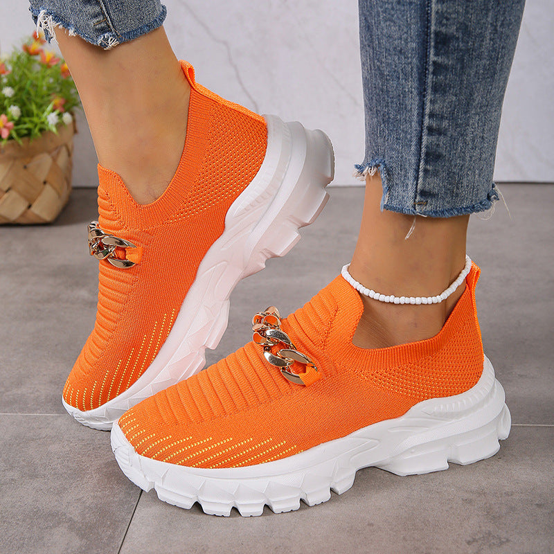 Platform Slip on Sneakers - Casual Knit with Chain Accent