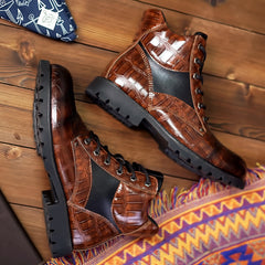 Rugged Leather Lace-Up Hiking Boots with Croc-Embossed Texture