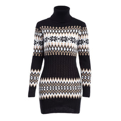 Cozy Patterned Knit Turtleneck Sweater Dress with Festive Snowflake Design