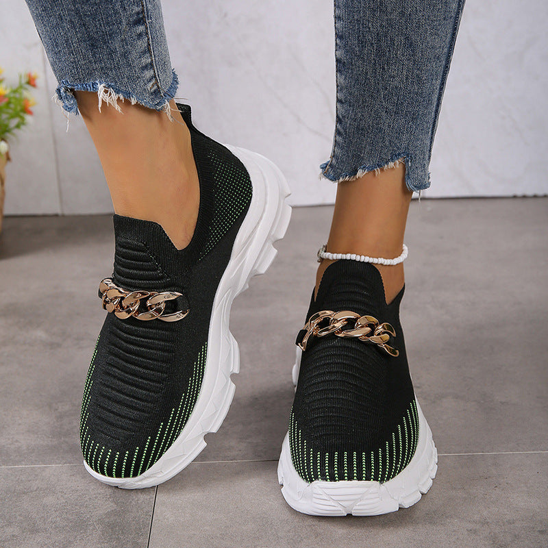 Platform Slip on Sneakers - Casual Knit with Chain Accent