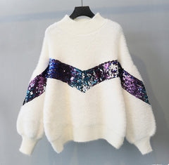 Luxurious Faux Fur Sweater with Vibrant Sequin Accent Panel