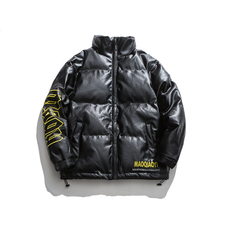 Men's Stand Collar Puffer Jacket - Yellow Graphic Detail