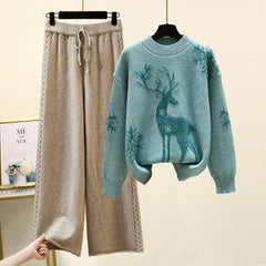 Cozy Winter Deer Print Sweater and Knit Palazzo Pant Set