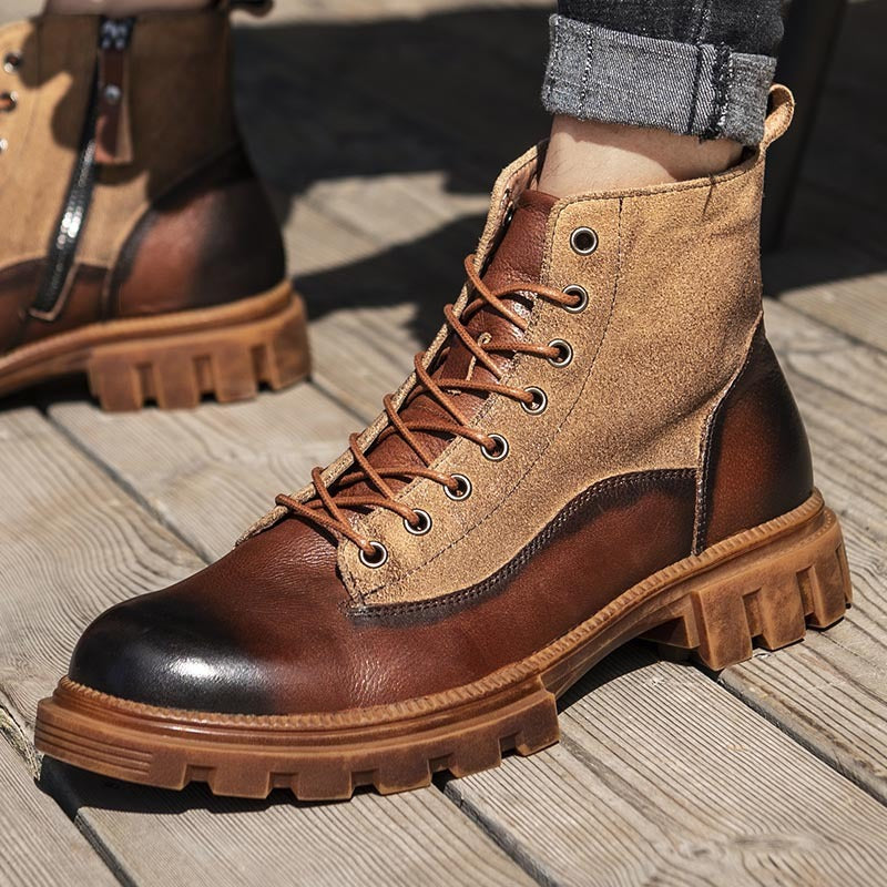 Rugged Leather and Suede Lace-Up Hiking Boots with Lugged Sole