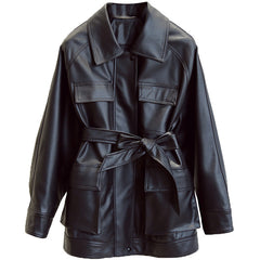 Women's Black Faux Leather Jacket with Belt - Trendy & Versatile