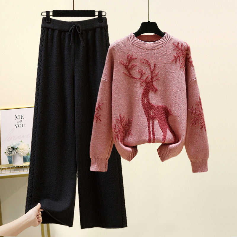 Cozy Winter Deer Print Sweater and Knit Palazzo Pant Set