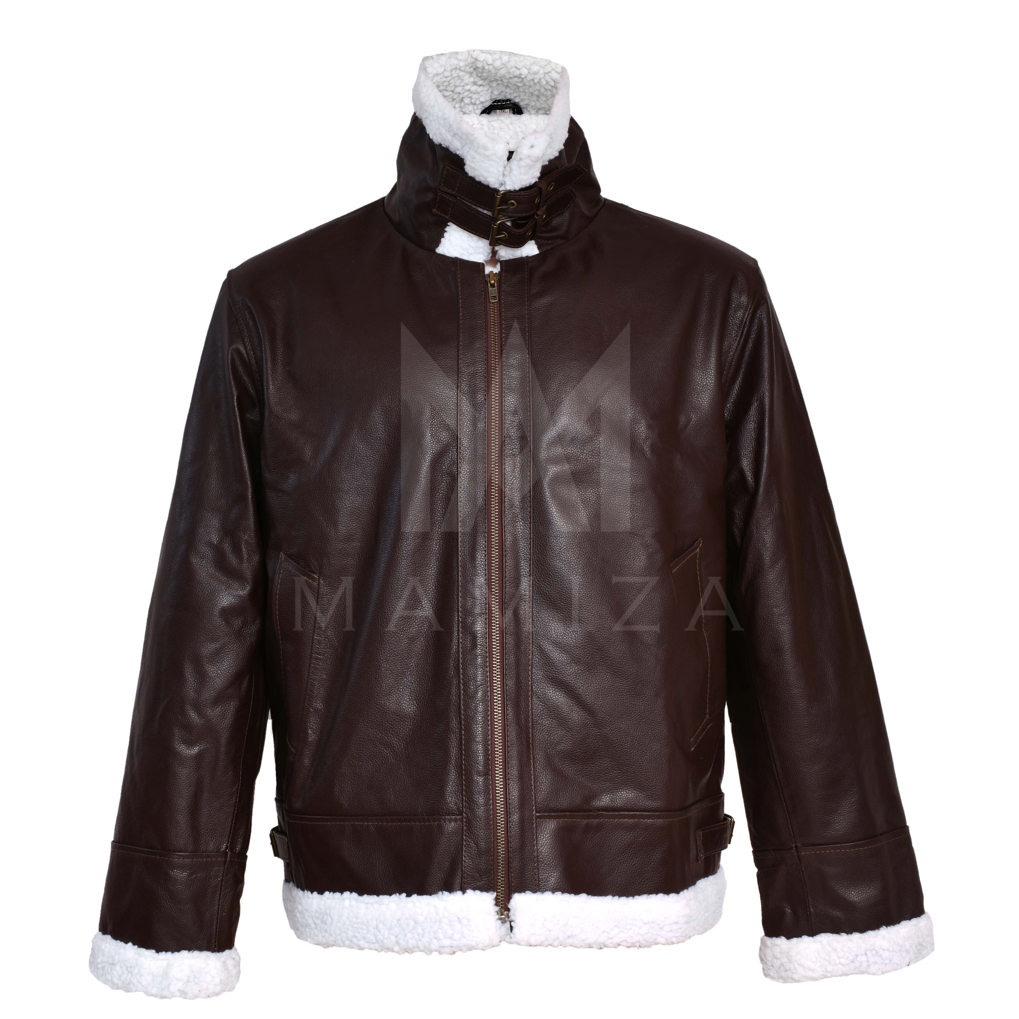 Brown Leather Bomber Jacket with Shearling Collar