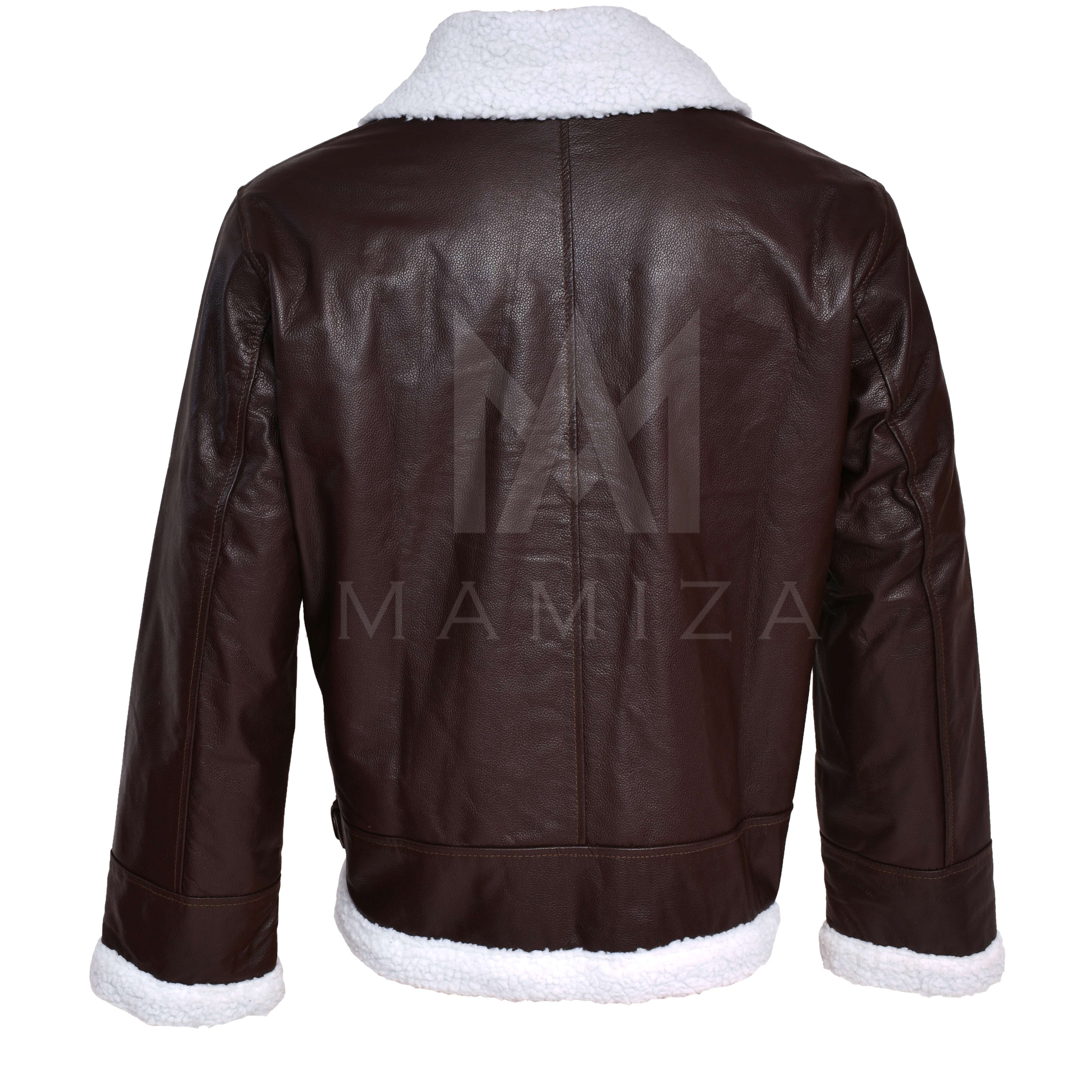 Brown Leather Bomber Jacket with Shearling Collar