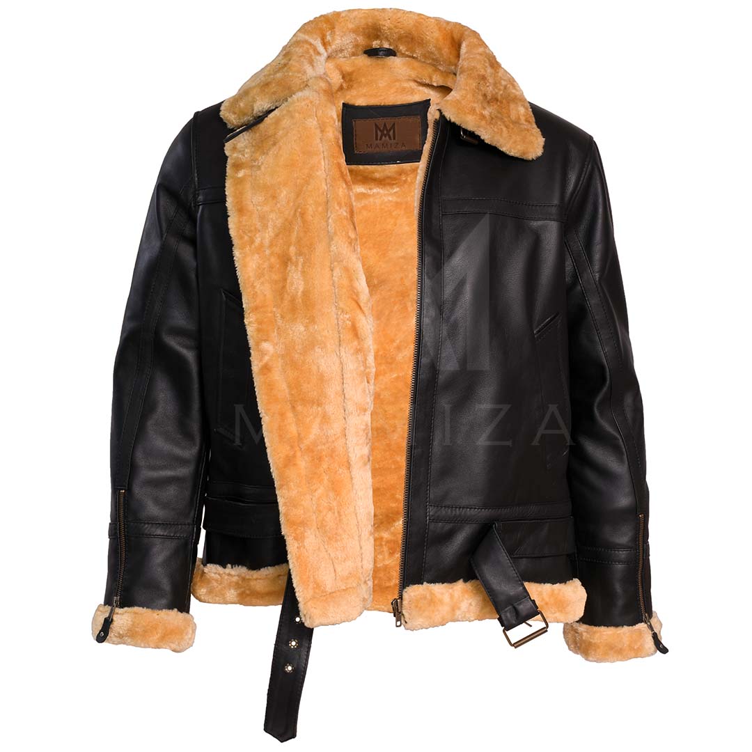 Men's Aviator RAF B3 Leather Bomber Jacket - Distressed Look with Shearling Interior