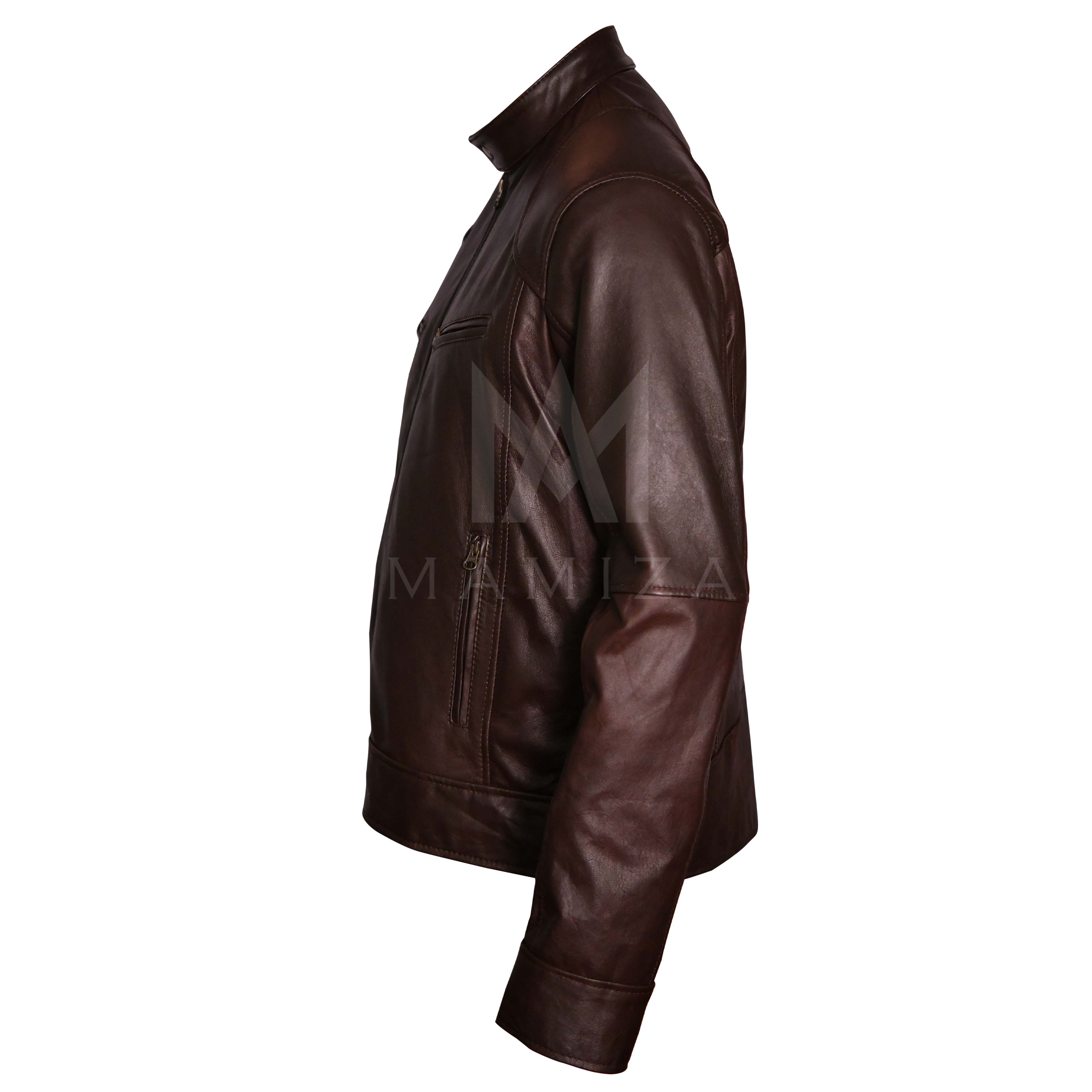 Men's Classic Cafe Racer Leather Jacket - Black and Brown Accent