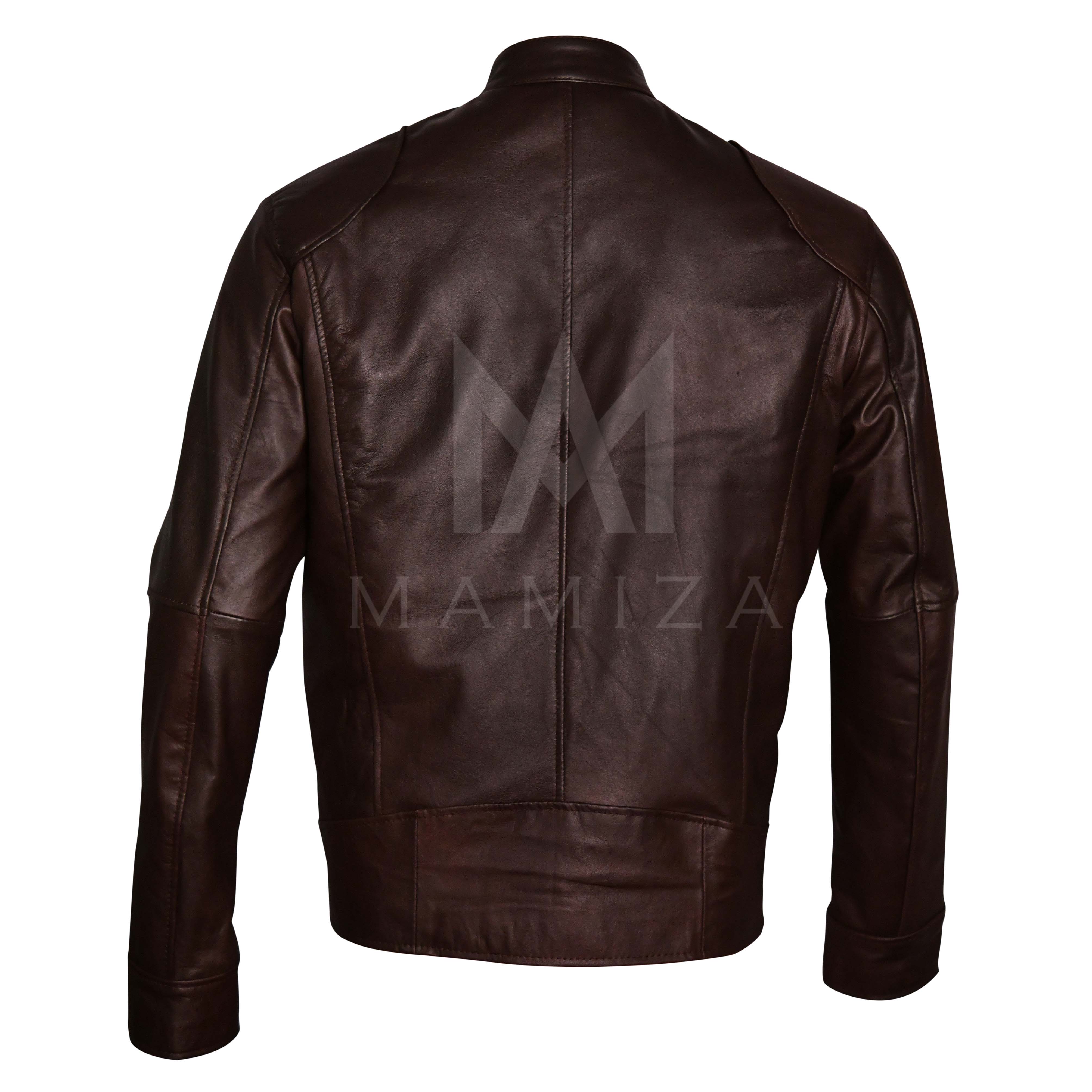 Men's Classic Cafe Racer Leather Jacket - Black and Brown Accent