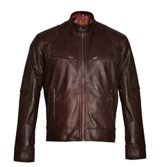 Men's Classic Cafe Racer Leather Jacket - Black and Brown Accent