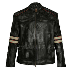 Men's Black Leather Racing Jacket with Striped Details – Stylish and Edgy Outerwear