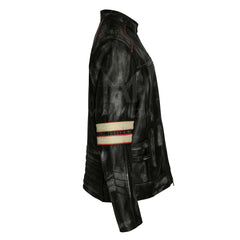 Men's Black Leather Racing Jacket with Striped Details – Stylish and Edgy Outerwear