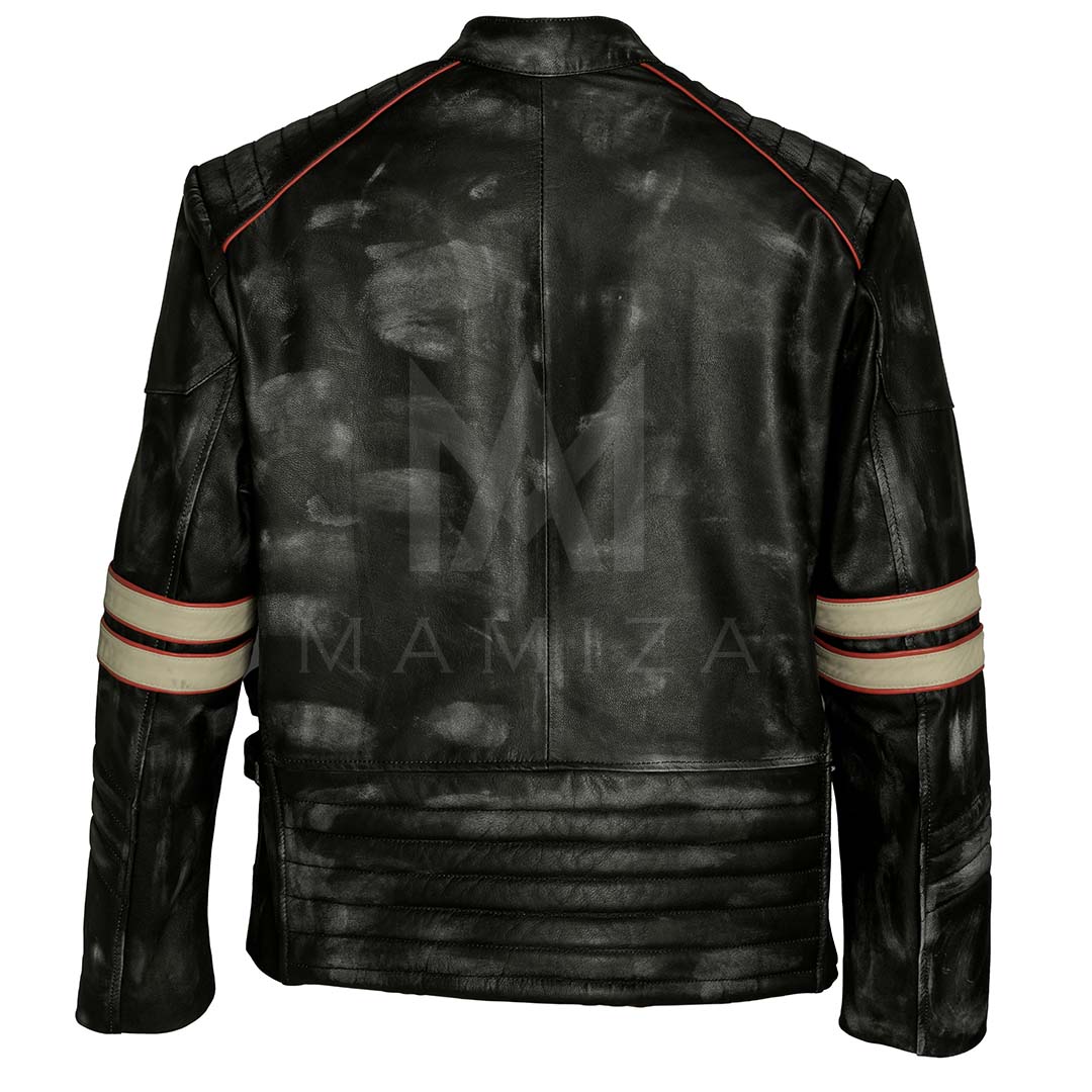 Men's Black Leather Racing Jacket with Striped Details – Stylish and Edgy Outerwear