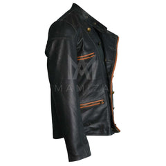 Men's Black Leather Double-Breasted Jacket with Zipper Pockets