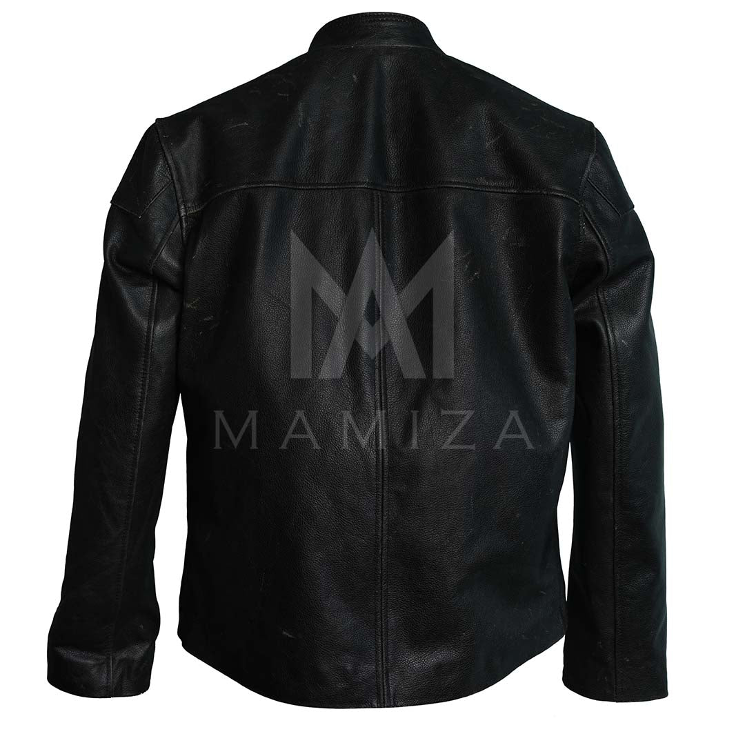 Men's Black Leather Double-Breasted Jacket with Zipper Pockets