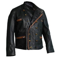 Men's Black Leather Double-Breasted Jacket with Zipper Pockets