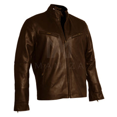 Men's Leather Jacket with Stand-Up Collar - Brown and Black