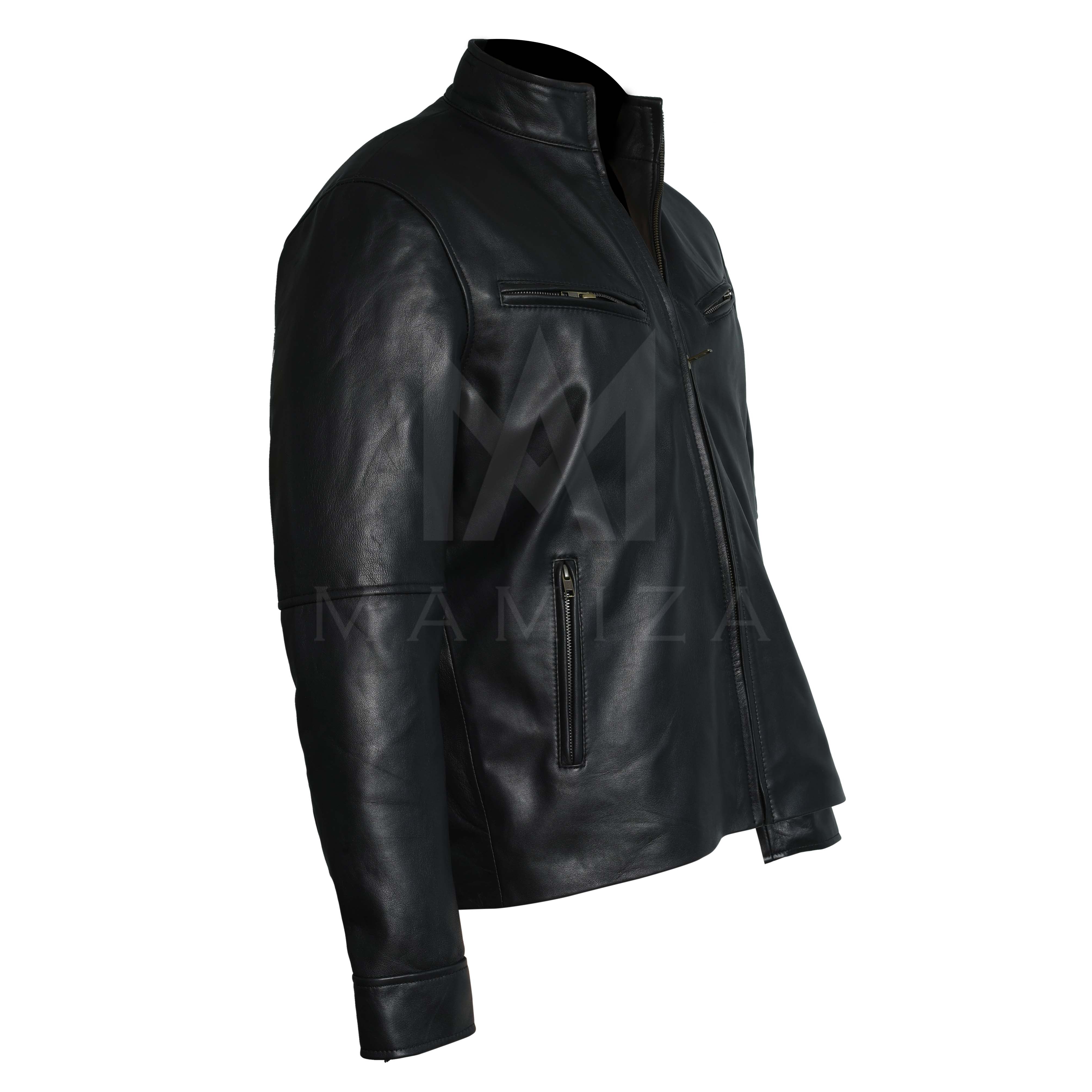 Men's Leather Jacket with Stand-Up Collar - Brown and Black