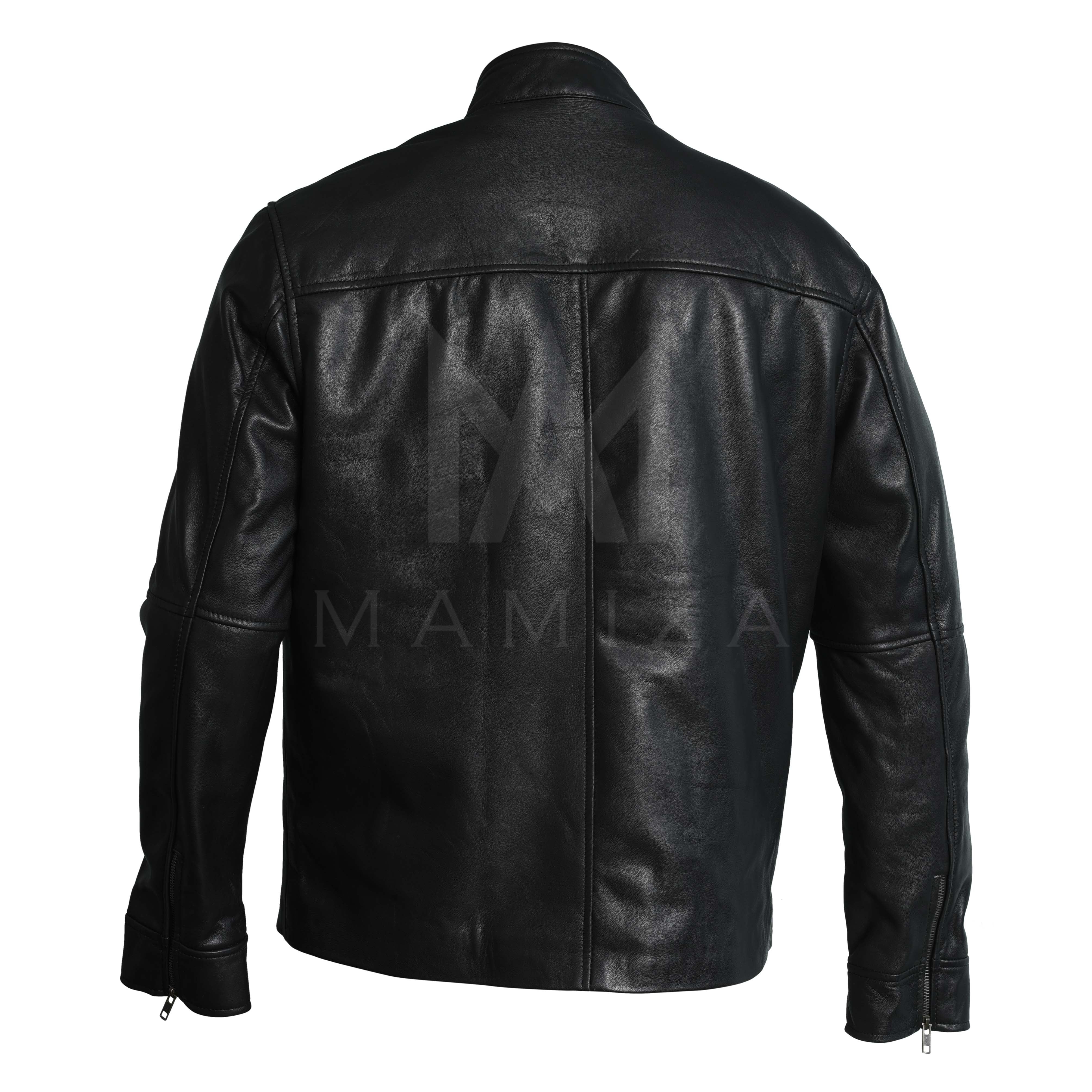 Men's Leather Jacket with Stand-Up Collar - Brown and Black