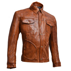 Vintage Inspired Leather Jacket - Men's Jacket with Button Down Collar